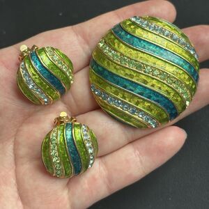 Alice Caviness Round Dome Blue Green Enamel Rhinestone Brooch Earrings Set